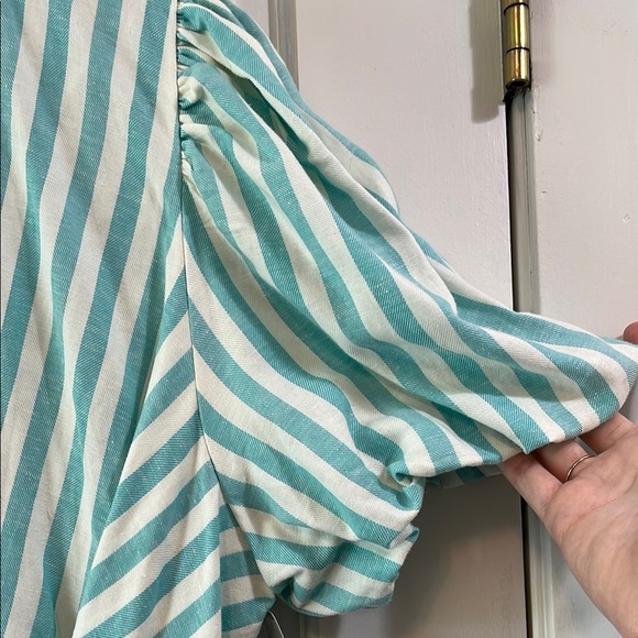 NWT Draper James Teal and White Puff Sleeve True Wrap Linen Mini Dress - Size XL - Picture 6 of 16